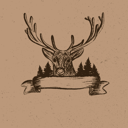 Deer with branchy horns in the forest among the trees. Holidays concept, vector illustration.の写真素材