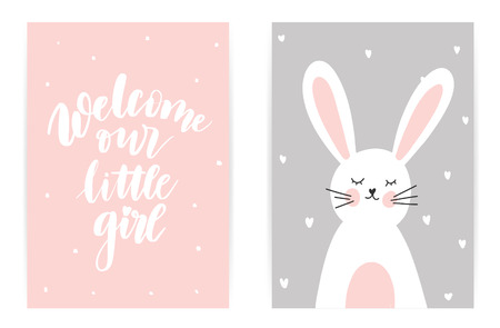 Welcome our little girl. Childs gently pink gray poster with a bunny and lettering composition.のイラスト素材
