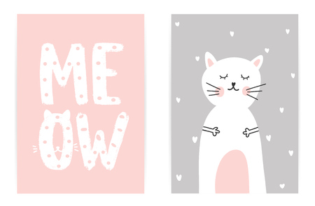 Meow. Childs gently pink gray poster with a cat and lettering composition.のイラスト素材