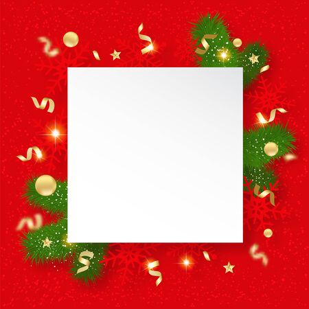 Christmas sale banner. Background with shining snowflakes, brunches and stars. New year and Christmas card illustration on red background.のイラスト素材