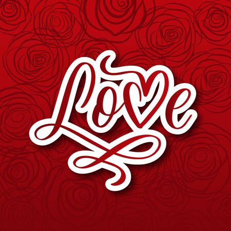 Valentines Day background with lettering Love and red roses. Holiday card illustration on red background.のイラスト素材