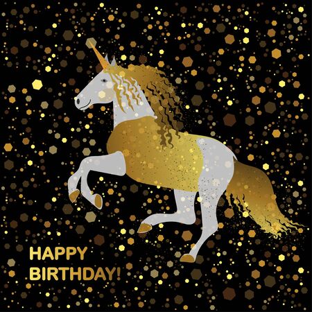Gold unicorn on a black background. Happy Birthday card.のイラスト素材