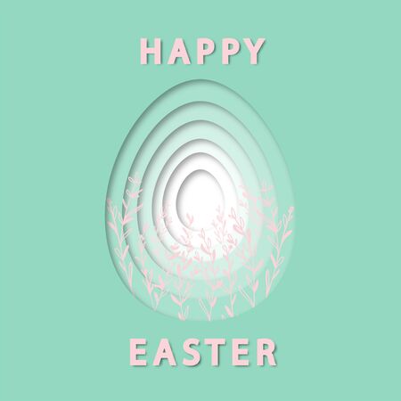 Happy Easter paper cut out  egg shape frames on green background . Trendy 3D Easter greeting card template.のイラスト素材