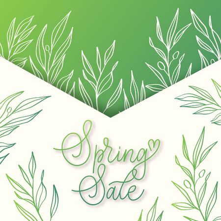 Spring sale banner  with 
envelope, branches and leaves.のイラスト素材