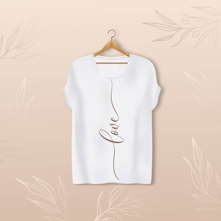 Women's t-shirt realistic mockup with calligraphy inscription Love.のイラスト素材