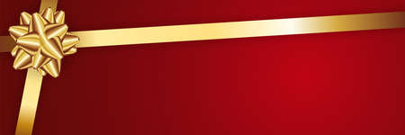 Realistic gold bow and ribbon on red background. Holiday congratulation template for greeting card, poster or brochureのイラスト素材