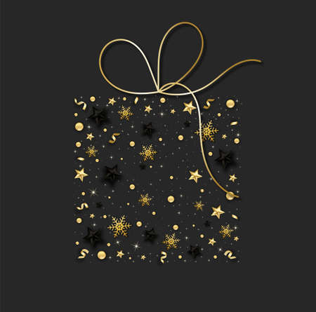 Christmas background with shining red snowflake, star and snow. Merry Christmas card illustration on black background. Sparkling gold snowflakes with glitter textureのイラスト素材