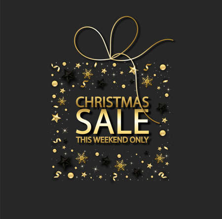 Christmas background with shining red snowflake, star and snow. Merry Christmas card illustration on black background. Sparkling gold snowflakes with glitter textureのイラスト素材