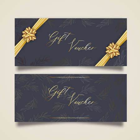 Set of stylish gift voucher with golden ribbon and bow. Vector elegant template for gift card, coupon and certificate isolated from background.のイラスト素材