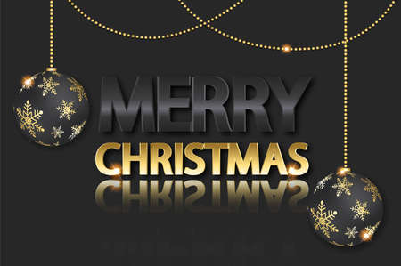 Christmas background with shining snowflake and ball. Merry Christmas card illustration on black background with realistic ball.のイラスト素材