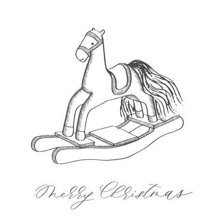 Merry christmas card congratulations on a toy wooden horse.のイラスト素材