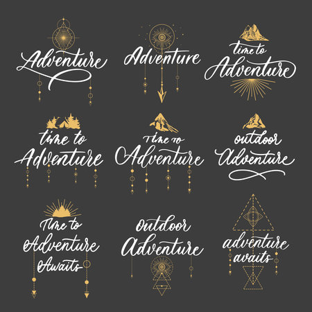 Adventure lettering set badges with illustrations. Vintage with mountains and arrows.のイラスト素材