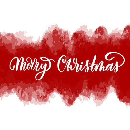 Merry Christmas handwritten text on red watercolor background.のイラスト素材
