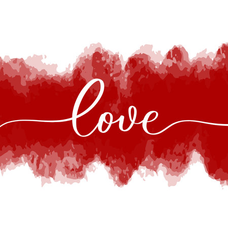 Love - handwritten text on red watercolor background.のイラスト素材