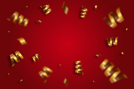 Falling shiny golden confetti, tape, serpentine on redのイラスト素材