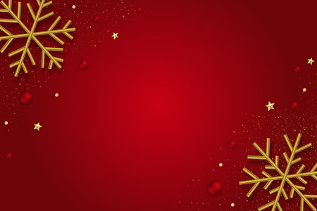 Christmas background with gold 3D snowflakes on red background.のイラスト素材