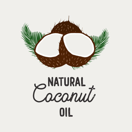 Coconut in a milk splash with hand lettering logo - Natural coconut oilのイラスト素材