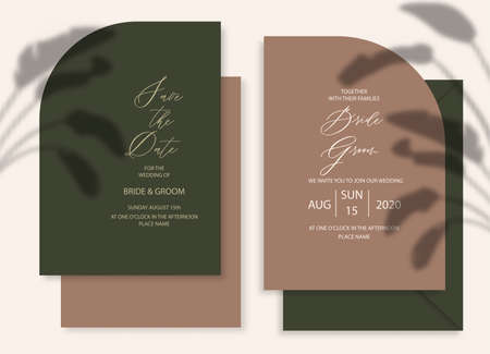 Modern wedding invitation, dark green and brown wedding invitation template, arch shape with leaf shadow and handmade calligraphyのイラスト素材