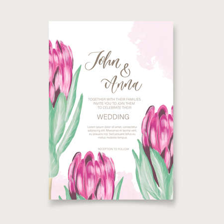 Floral wedding invitation card template design with watercolor protea flowersのイラスト素材
