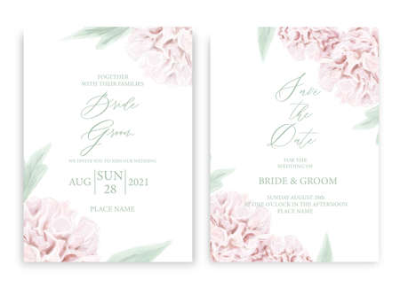 Floral wedding invitation card template design, with watercolor pink peony and green leaves. Pastel vintage themeのイラスト素材