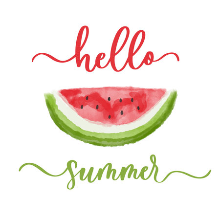 Watercolor watermelon and calligraphy hello summer in wavy linesのイラスト素材