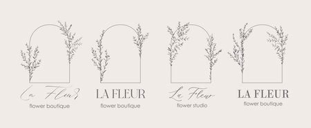 Logo design template and monogram concept in trendy linear style with arch - floral frame with copy space for text or letter - emblem for fashion, beauty and jewelery, Wedding invitation, sociaのイラスト素材