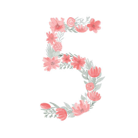 Floral Watercolor Number 5.Number five Made of Flowers. Number Monogram
