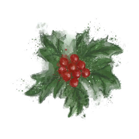 Watercolor Holly sprigs with red berriesのイラスト素材