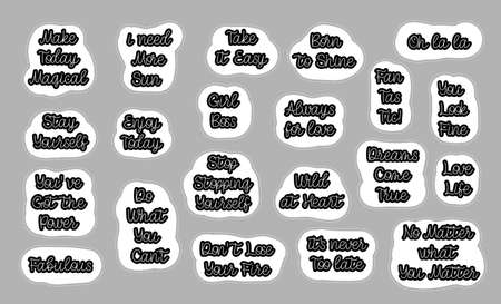 Calligraphy lettering design typography stickers. Girl Boss. Take easy. Love life. Born to shine. Enjoy today. Dreams come true. Stay yourself quote letteringのイラスト素材