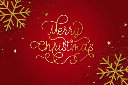 Merry Christmas lettering, with gold 3D snowflakes on red backgroundのイラスト素材