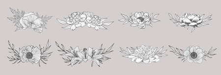 Sketch Floral Botany set. Variety flower and leaf. Black and white with line artの写真素材