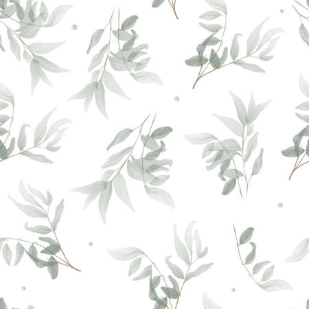 Seamless pattern of different tree, foliage natural branches, green leaves, herbs, tropical plant hand drawn watercolor Vector fresh beauty rustic eco friendly background on whiteのイラスト素材