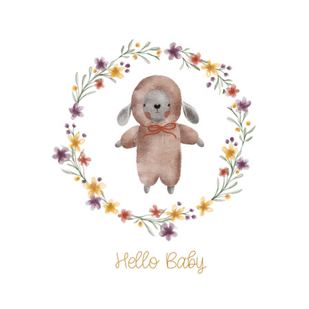 Watercolor welcome baby card with green leaves wreath, plush toy sheep. Isolated on white background. Hand drawn clipart. Perfect for card, postcard, tag, invitation, printing, wrapping.のイラスト素材