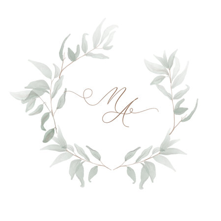 Wedding monogram watercolor leaves MA initial. Watercolor round leaf frame Hand drawn template.のイラスト素材