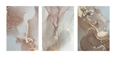 Liquid abstract marble painting background print with beige gold glitter splatter texture. Triptych...