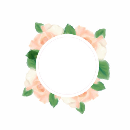 Vector round frame with watercolor rose flowers on white background in pastel colorsのイラスト素材