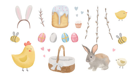 Set of watercolor Easter items. Easter cake, cart, egg, bee, flower on a white backgroundのイラスト素材