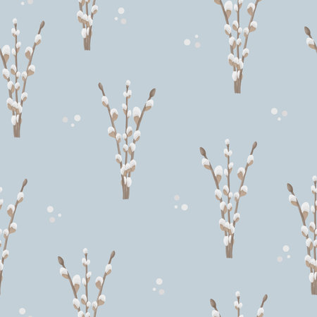 Easter pussy willow wreath seamless pattern. Spring branches vignette holiday texture. Happy Easter background.のイラスト素材