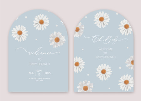 Baby Shower Arch Invitation card with calligraphy and watercolor chamomile.のイラスト素材