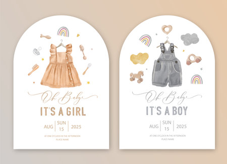 Cute baby shower watercolor invitation card for baby and kids new born celebration. Its a girl, Its a boy card with baby dress and toys.のイラスト素材