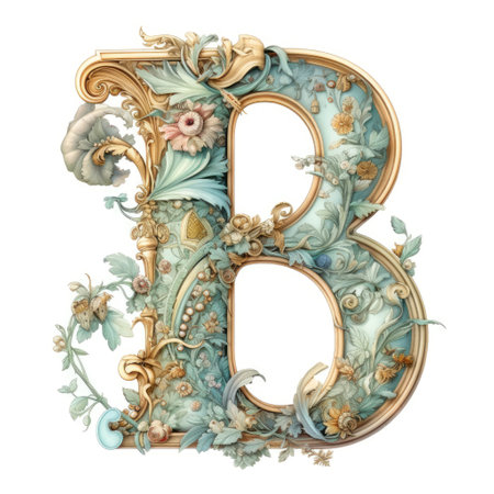 letter B Floral monogram. colorful Vintage ornament initial Alphabet spiral scroll styleの素材