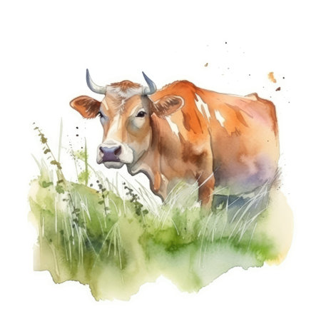 Watercolor cow with calf on the fieldの写真素材