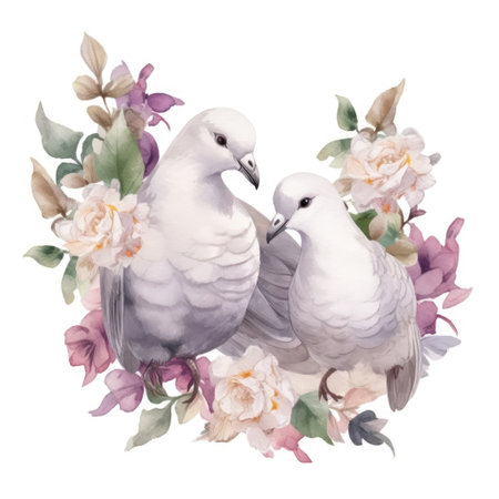 Watercolor illustration of a pair of pigeons on a white backgroundの写真素材
