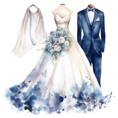 watercolor wedding set. Wedding dress, bridal bouquet, mannequinの写真素材