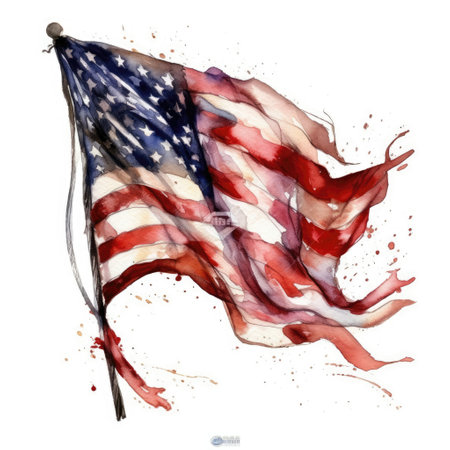 Watercolor illustration of American flag with splashes on white background.の写真素材