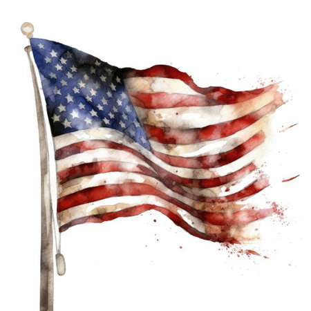 American flag with splashes of watercolor paint on a white backgroundの写真素材