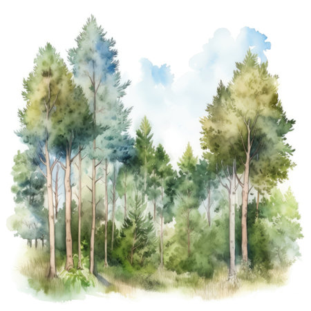 Pine trees in the forest. watercolor illustration on white backgroundの写真素材
