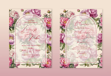 Elegant floral botanical arch Wedding Invitation template with watercolor peonies flowersのイラスト素材