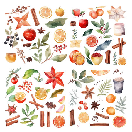 Watercolor Fragrant spices and condiments. Ginger and cinnamon, bay leaves and vanilla, anise star and hot chilli pepper. Piquant curry and nut meg, garlic and saffronのイラスト素材
