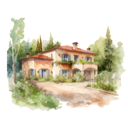 watercolor beautiful house with trees and flowers on white background.のイラスト素材
